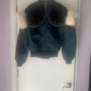 Flight Jacket, blue with zippered hood, made in USA; Arctic gear